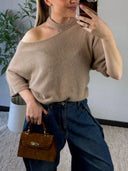 ELORA // knit cut out schouder top beige